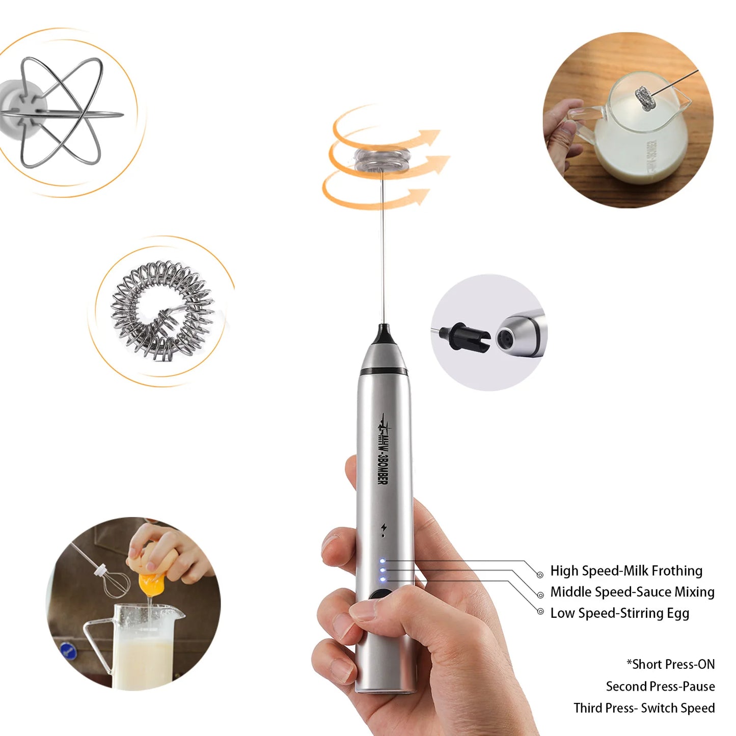 Powerful Milk Foam Machine Mini Electric Milk Frother with Stainless Steel Eggbeater Head Portable Camping Kitchen Accessorie