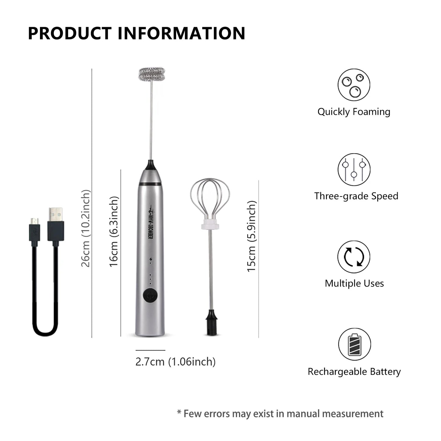 Powerful Milk Foam Machine Mini Electric Milk Frother with Stainless Steel Eggbeater Head Portable Camping Kitchen Accessorie